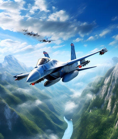 Fighter jet fighter flying in the blue sky. 3d renderの素材