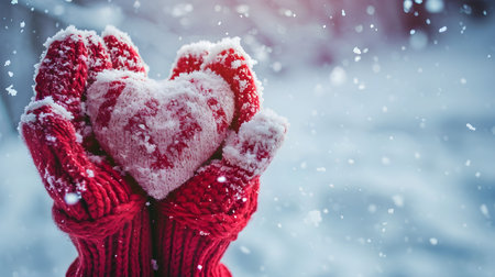 Female hands in red knitted mittens holding heart on snowy backgroundの素材