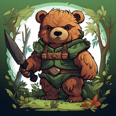 Cute cartoon bear hunter with a knife in his hand. Vector illustration.の素材