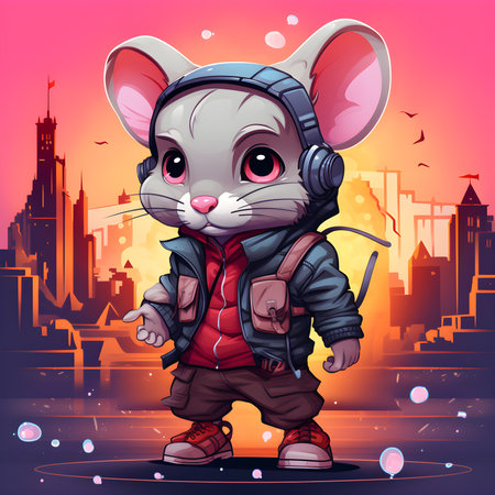 Cute cartoon mouse with headphones on city background. Vector illustration.の素材