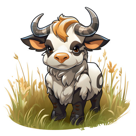 Illustration of a cow in the grass on a white background.の素材