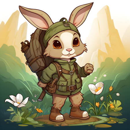 Vector illustration of Cute little rabbit with a backpack in the forestの素材