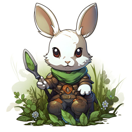 Cute rabbit sitting in the grass and holding a magnifying glassの素材