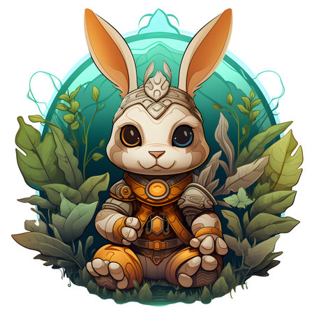 Cute cartoon rabbit sitting in the jungle. Vector illustration of a fantasy animal.の素材