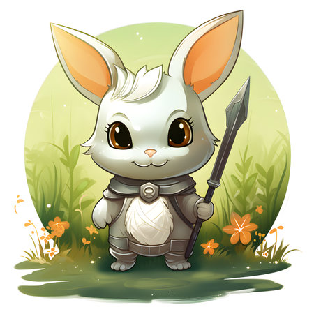 Illustration of a cute little rabbit with a spear in the grassの素材