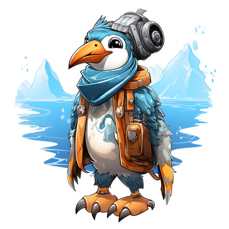 Vector illustration of a penguin with a camera and a backpack on his shoulderの素材