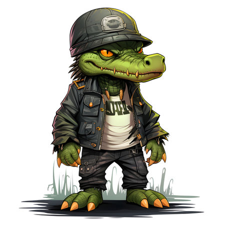 cartoon crocodile in a leather jacket and helmet on a white backgroundの素材