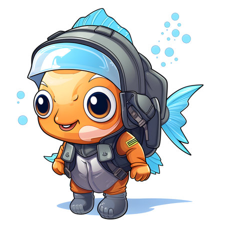 Cute cartoon little boy wearing a diving suit and holding a fishの素材