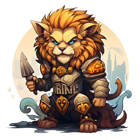 Lion knight in armor with sword and shield. Vector illustration.の素材