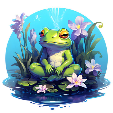 Frog and crocus flowers in the pond. Vector illustration.の素材