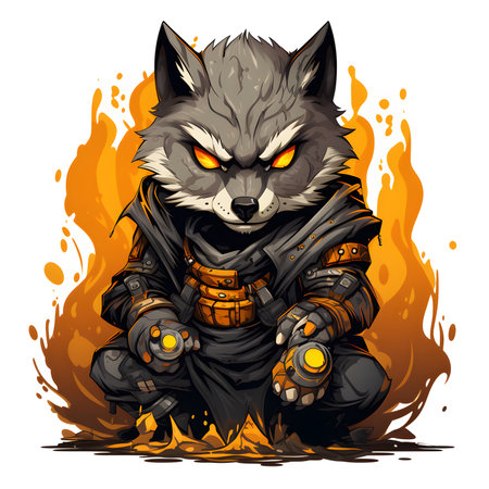 Vector illustration of a wolf in a gas mask with fire flames.の素材