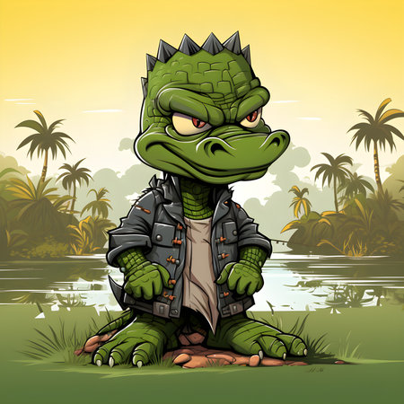 Crocodile sitting on a rock by the river. Vector illustration.の素材