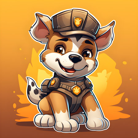 Cute cartoon dog in a police hat on a background of fireの素材