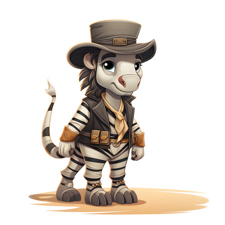Illustration of a cartoon zebra with a cowboy hat on a white backgroundの素材