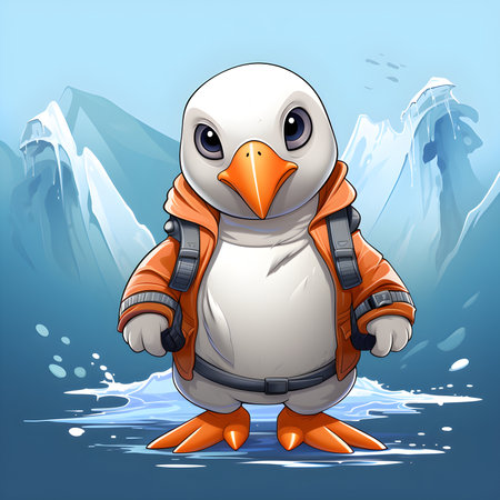 Vector illustration of Cartoon penguin on the background of snowy mountains.の素材