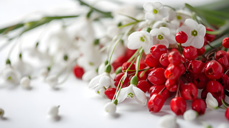 Bouquet of snowdrops and berries on white background, closeup Spring flowers Martenitsa Martisorの素材