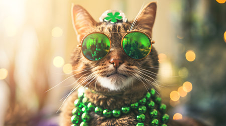 Cute cat in green sunglasses on bokeh lights background.の素材