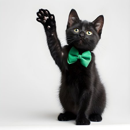 Black kitten with green bow tie and bow tie isolated on white backgroundの素材