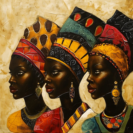 African women with traditional headdress, painting on paper. Tribal art.の素材