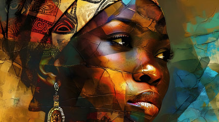 African woman face with african motifs on colorful abstract background.の素材