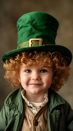 Portrait of a cute little boy in a leprechaun hatの素材