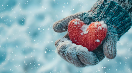 Hands in mittens holding red heart on winter background with snow.の素材