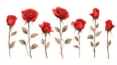 Set of red roses isolated on white background. Watercolor illustration.の素材
