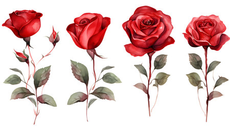 Set of red roses on a white background. Watercolor illustration.の素材
