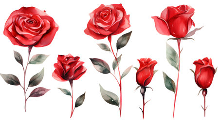 Watercolor red rose set. Hand painted illustration isolated on white backgroundの素材