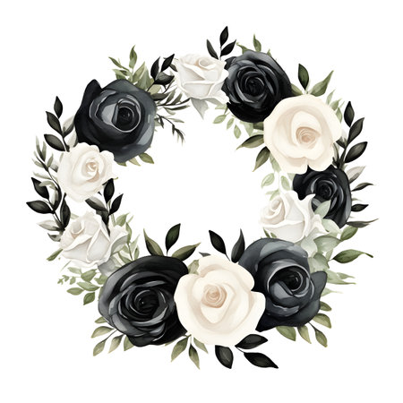 Beautiful floral wreath with black and white roses. Vector illustration.の素材