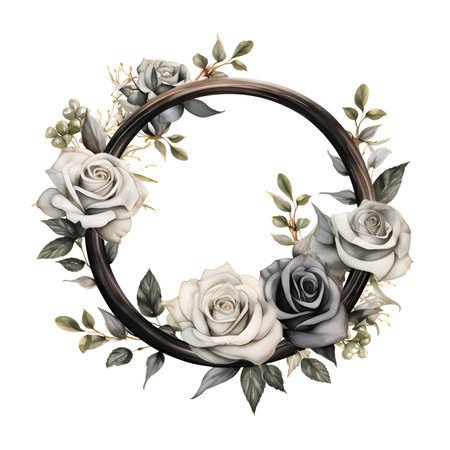 Watercolor floral wreath with black and white roses and eucalyptus branches, hand painted isolated on white backgroundの素材
