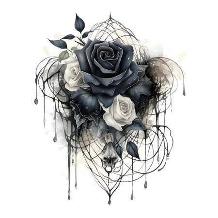 Bouquet of black and white roses. Watercolor hand drawn illustrationの素材