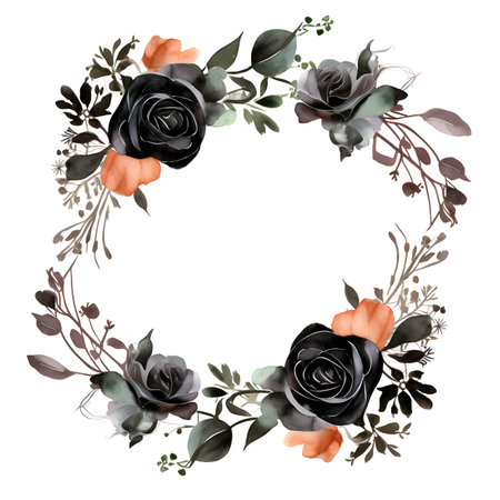 Watercolor floral wreath with black and orange roses on white backgroundの素材