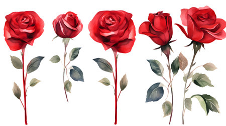 Set of red roses isolated on white background. Watercolor illustration.の素材