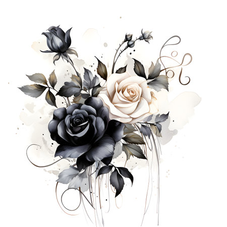 Watercolor bouquet with black and white roses, hand drawn illustrationの素材