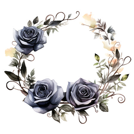 Watercolor floral wreath with black and white roses. Hand painted floral wreath.の素材