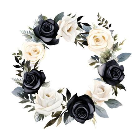 Watercolor floral wreath with black and white roses and leaves.の素材