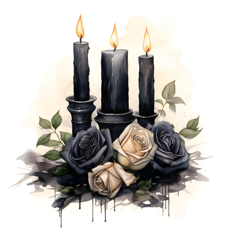 Black candles with roses on grunge background. Hand drawn watercolor illustrationの素材