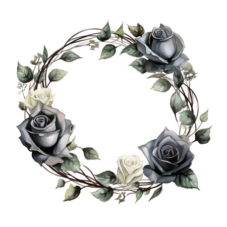 Watercolor floral wreath with black and white roses. Hand painted illustration.の素材