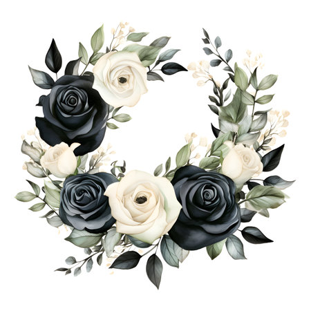 Watercolor floral wreath with black and white roses, eucalyptus leaves and branches.の素材