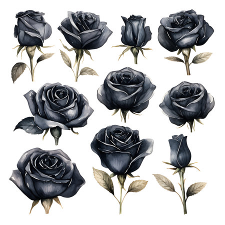 Set of black roses isolated on white background. Watercolor illustration.の素材