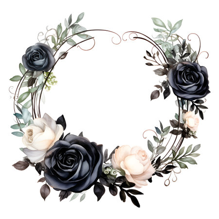 Watercolor floral wreath with black and white roses and eucalyptus branches. Hand painted floral illustration isolated on white background.の素材