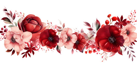 Watercolor bouquet of red anemones and leaves isolated on white backgroundの素材
