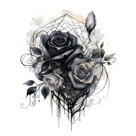 Bouquet of black and white roses. Watercolor illustration.の素材