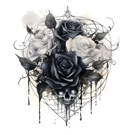 Black and white watercolor illustration of a skull with a bouquet of rosesの素材