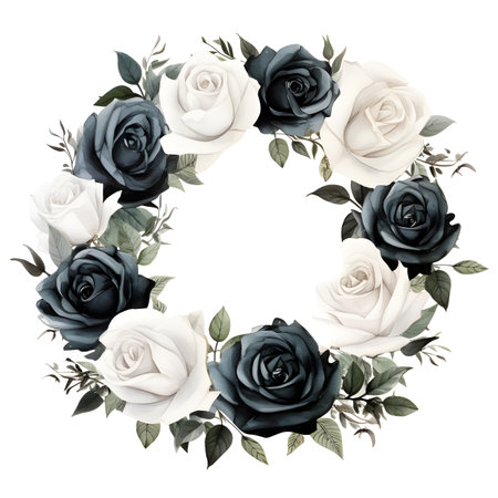 Wreath of black and white roses with leaves isolated on white backgroundの素材