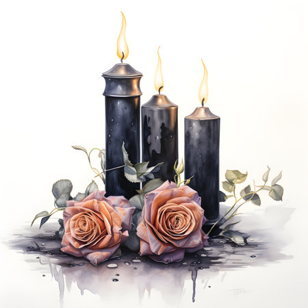 Black candles with pink roses and eucalyptus branches.の素材