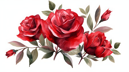 Watercolor red roses with leaves isolated on white background. Vector illustration.の素材