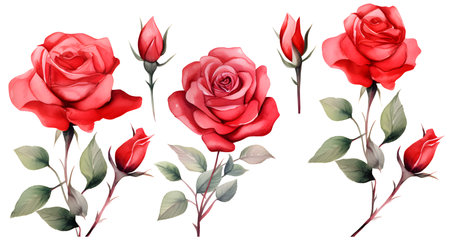 Set of red roses isolated on white background. Watercolor illustration.の素材
