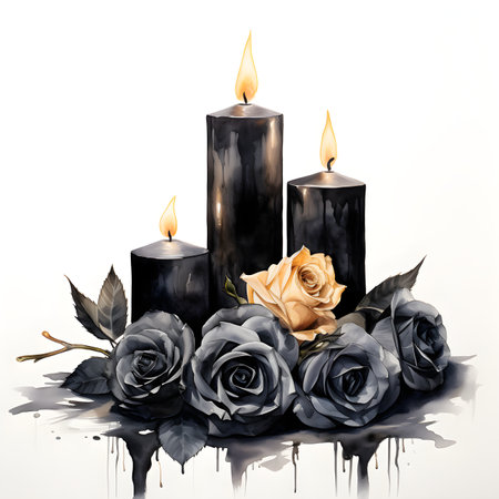 Black candles with roses on a white background. Watercolor illustration.の素材